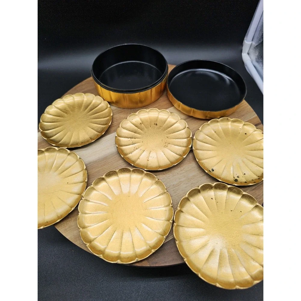 Vintage Otagiri Trinket Box/ Coaster Set Gold‎ Laquer